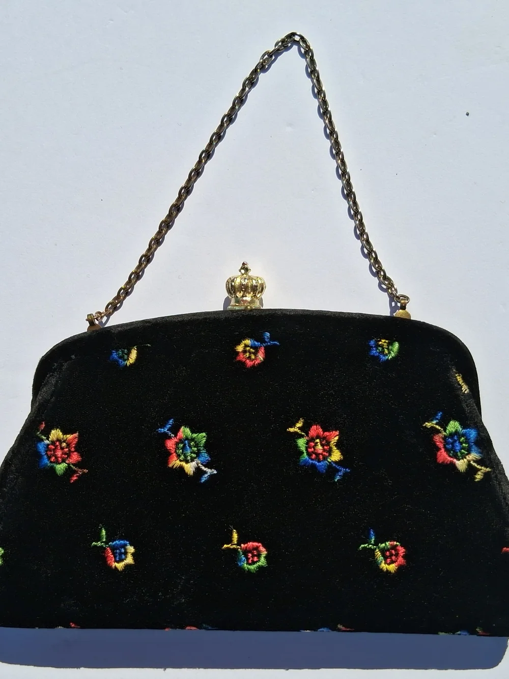 Vintage Black Velvet Embroidered Floral Evening Bag Gold Crown Clasp Chain Purse